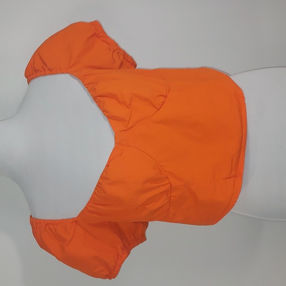 H&M Orange Puffed Sleeve Smocked Back Cotton Crop Top Shirt Size Large